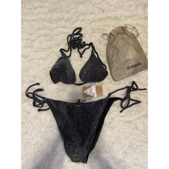 Berlook Black Shimmer Two Piece Swimsuit String Bikini Size XL NEW W Bag - Picture 2 of 13